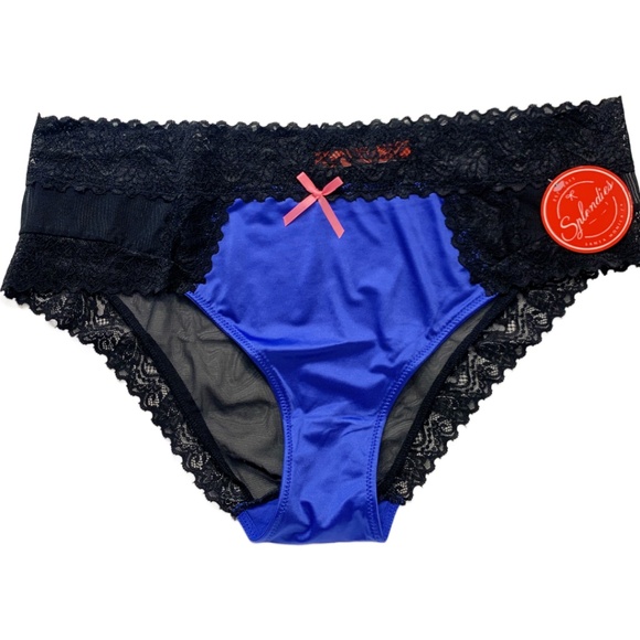 SOLD - Splendies Size 4X Royal Lace Bikini Panties Cobalt Blue Satin Black Mesh - Picture 1 of 9